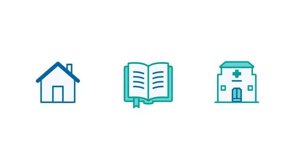 ikon rumah, buku & hospital.